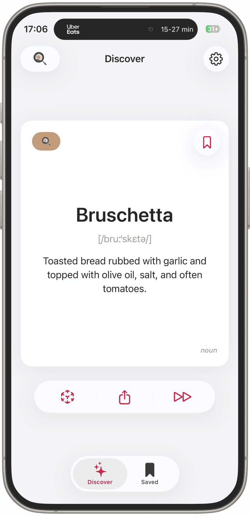 A flashcard for the word Bruschetta in the Articulated app
