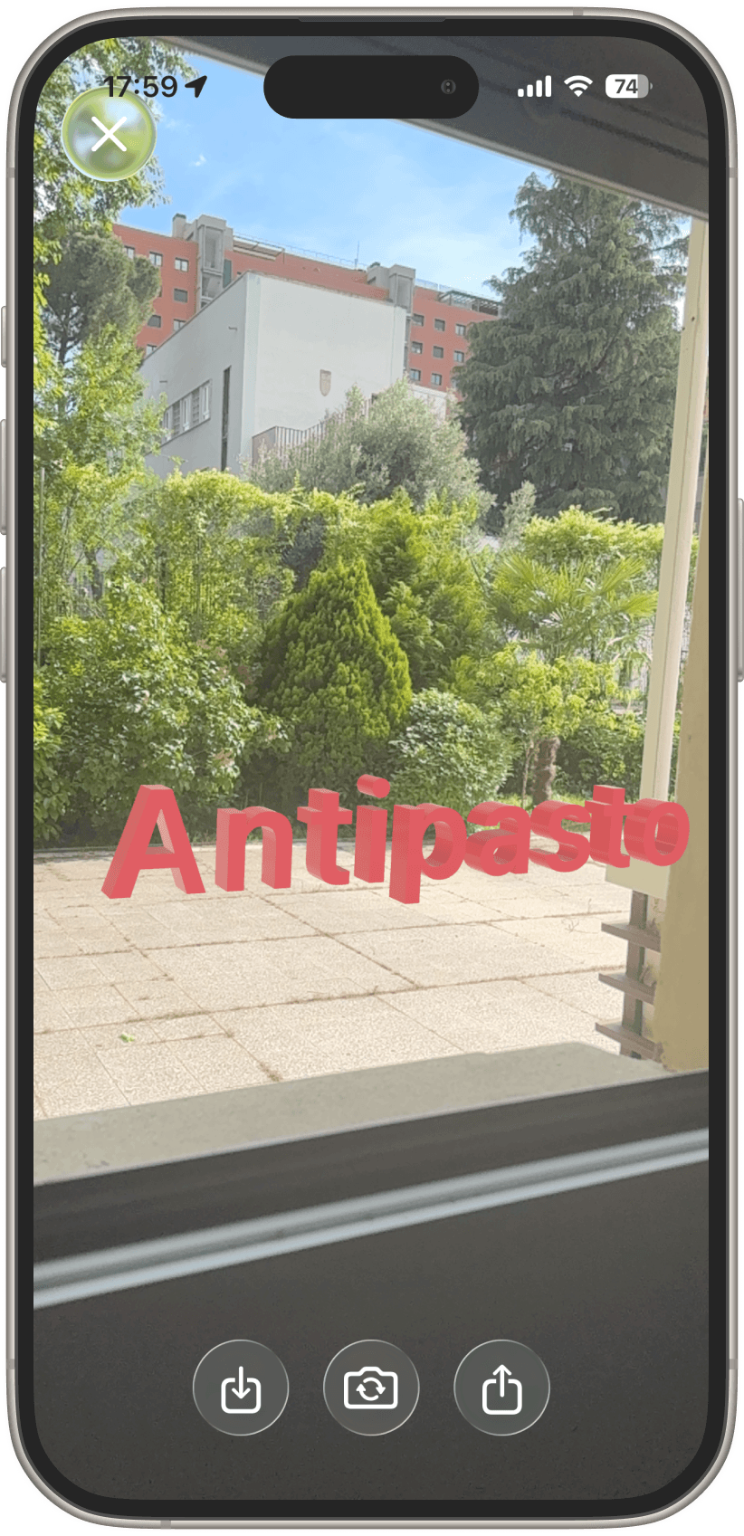 The word Antipasto placed in real life with AR